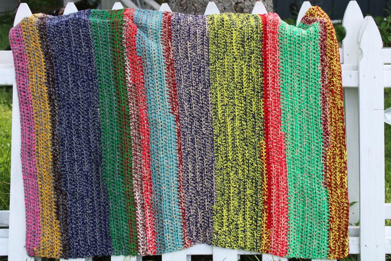 intage handmade crochet afghan lap blanket, tweedy rainbow stripes soft acrylic yarn