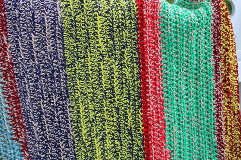 intage handmade crochet afghan lap blanket, tweedy rainbow stripes soft acrylic yarn