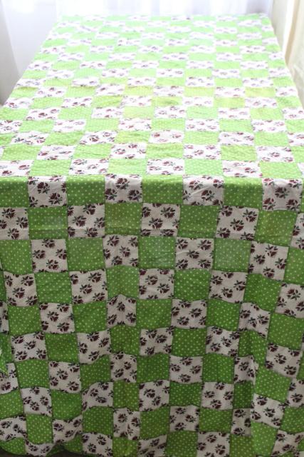 intage patchwork quilt top or tablecloth, cottage style floral & apple green polka dots