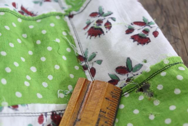 intage patchwork quilt top or tablecloth, cottage style floral & apple green polka dots