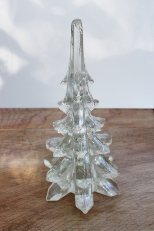 iridescent glass Christmas tree figurine, clear pearl luster white carnival glass