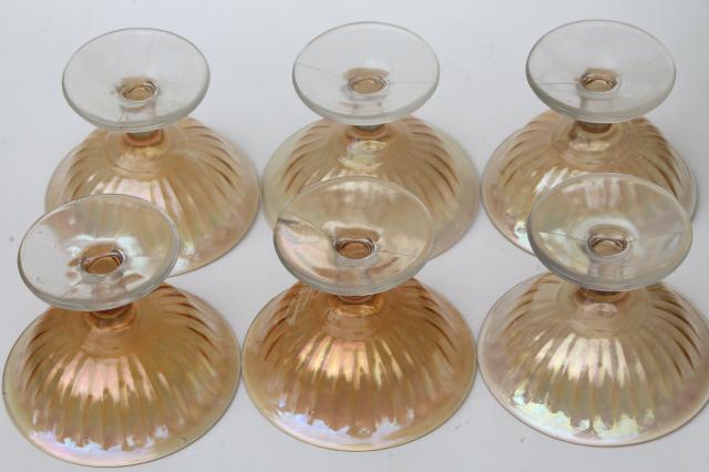 iridescent glass sherbets or ice cream dishes, vintage depression glass marigold luster