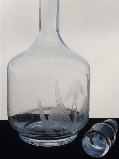 iris pattern glass decanter bottle, 80s vintage hand-cut crystal