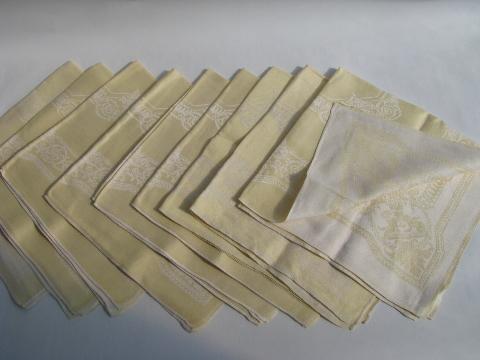 ivory / pale yellow jacquard, lot vintage linen damask dinner napkins
