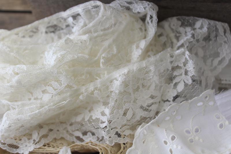 ivory / white antique & vintage sewing trim lot, lace edgings, insertion, silk ribbon