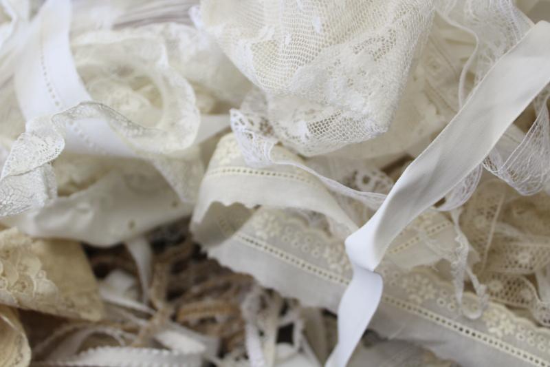 ivory / white antique & vintage sewing trim lot, lace edgings, insertion, silk ribbon