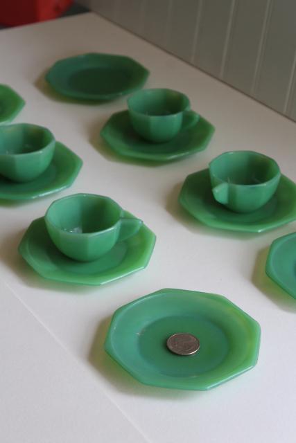 jadite green glass doll dishes, vintage Akro Agate depression glass toy tea set