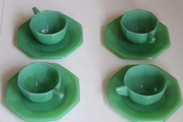 jadite green glass doll dishes, vintage Akro Agate depression glass toy tea set