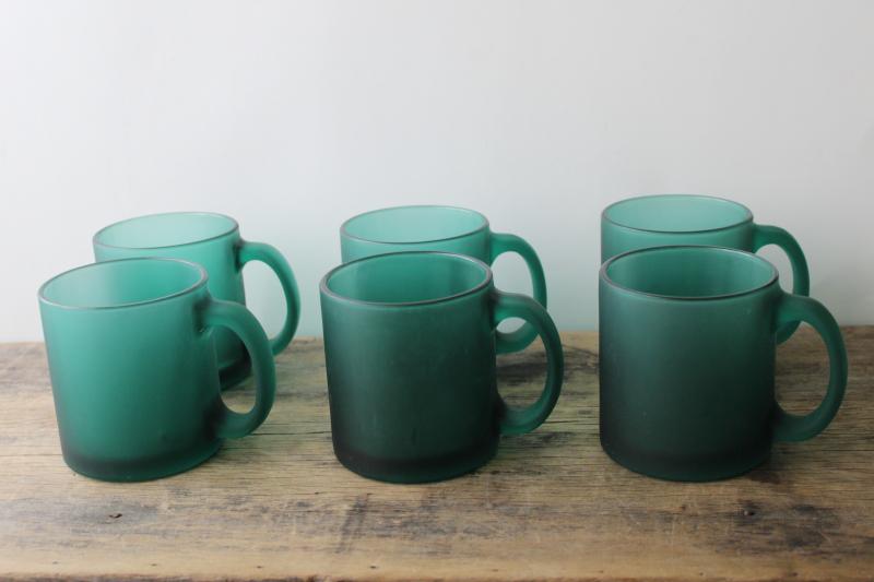 juniper green deep teal frosted glass coffee mugs, vintage USA Libbey glassware