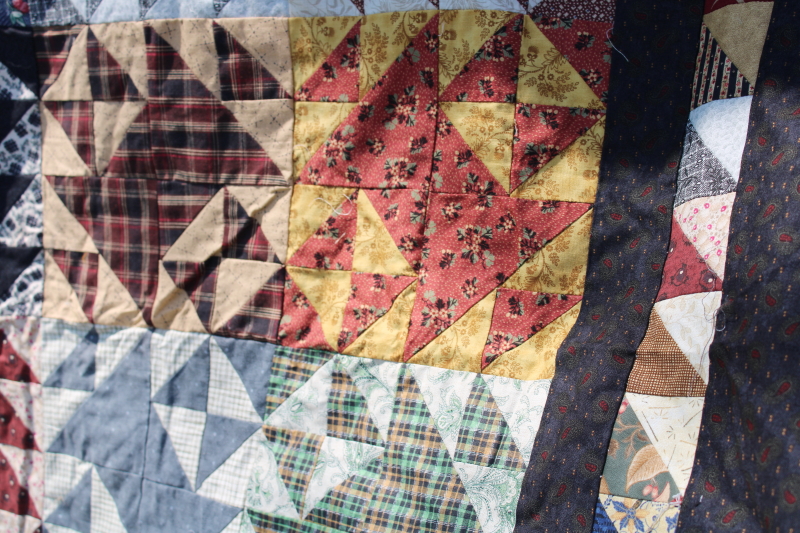 king or queen size patchwork quilt top, handmade pieced pattern cotton prints 1990s vintage