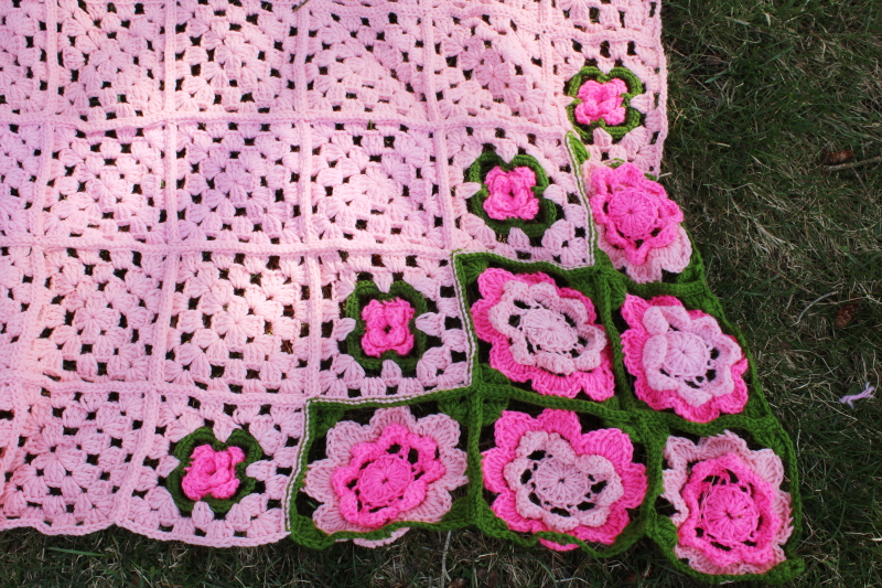 king size crochet bedspread, retro pink flower granny squares handmade vintage afghan