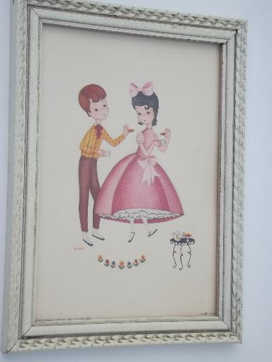 kitschy vintage boudoir prints, framed boy and girl wall art dated 1957