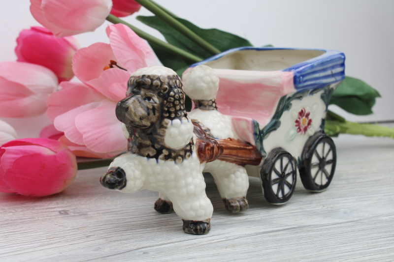 kitschy vintage ceramic poodle planter made in Japan dog w/ little pink cart