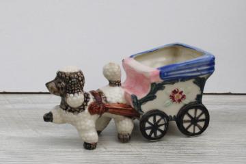 kitschy vintage ceramic poodle planter made in Japan dog w/ little pink cart