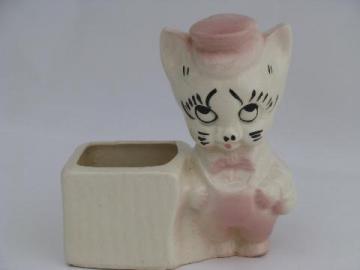 kitty in baby pink overalls, 50s vintage pottery window garden planter