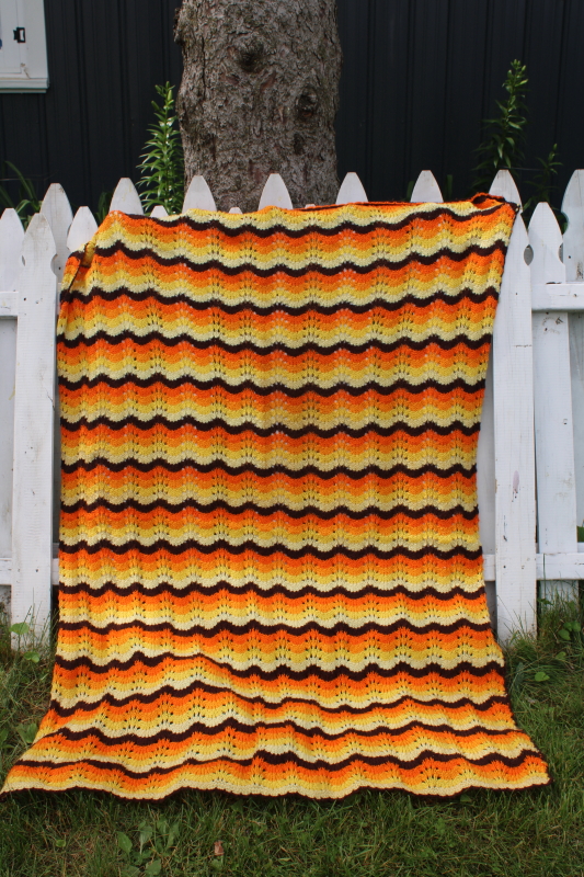 knitted lace afghan retro stripes in autumn colors, vintage throw blanket for fall