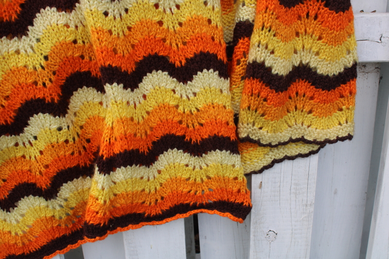 knitted lace afghan retro stripes in autumn colors, vintage throw blanket for fall
