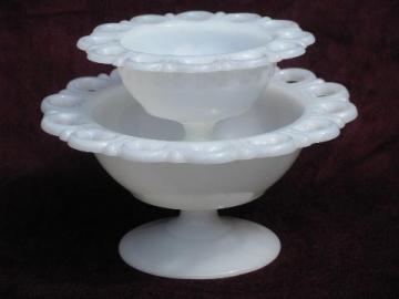 lace edge milk glass compotes, flower or candy bowls, large and small