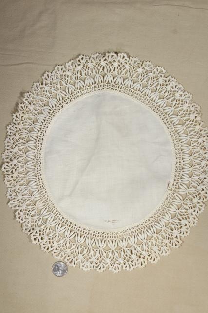 lace trimmed linen table mats & centerpieces w/ crochet edgings, shabby vintage doily lot