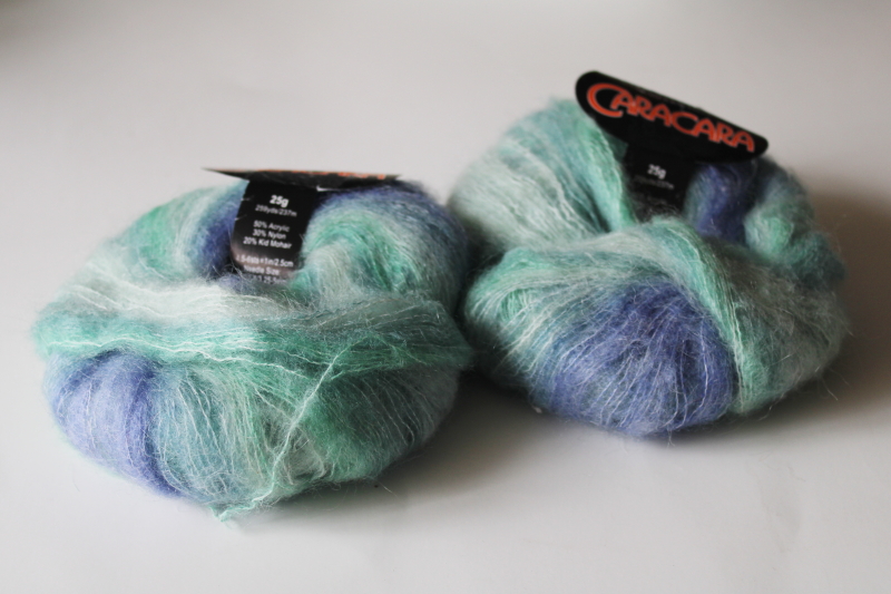 lace weight mohair blend yarn, shaded green blue hand dyed look, Queensland CaraCara label