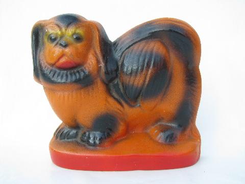 ladies lap dog paperweight, 30s vintage painted chalkware carnival piece