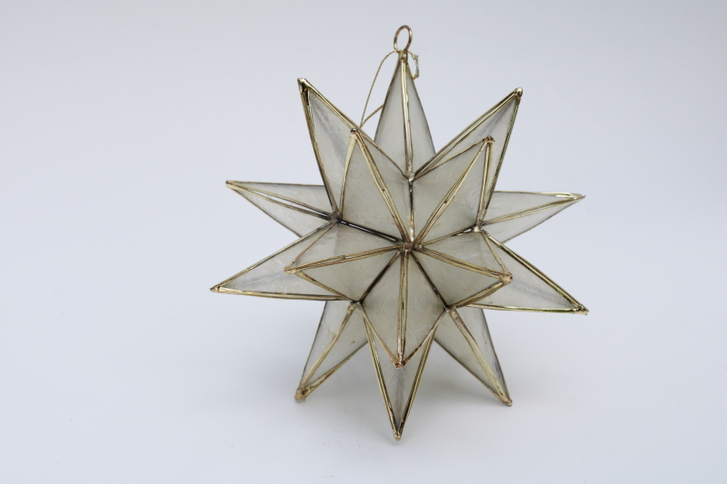 large Moravian star ornament, vintage capiz shell brass star 3D shape to hang or stand