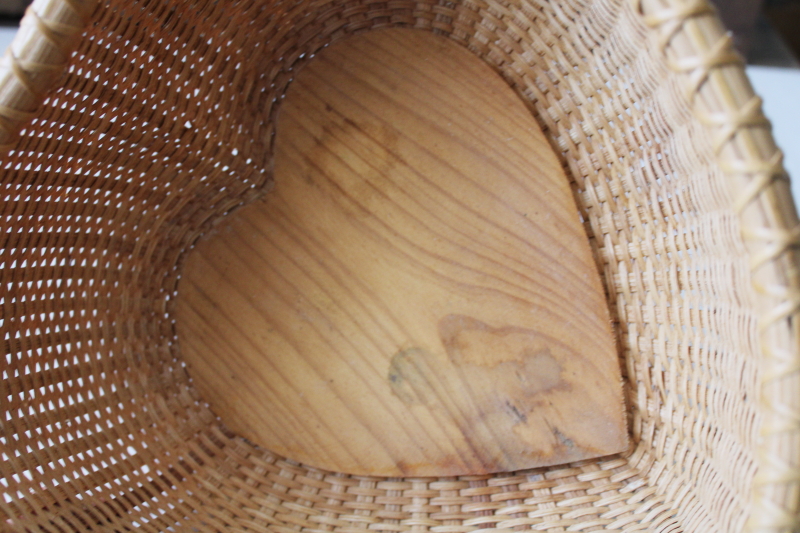 large Nantucket lightship basket, heart shape vintage basket bowl w/ wood bottom