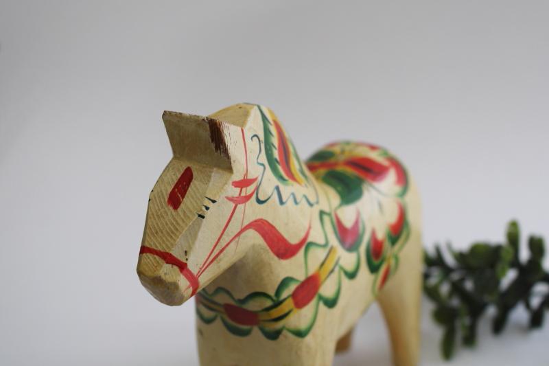 large Swedish Dala horse, vintage folk art carved wood hand painted red & green on white