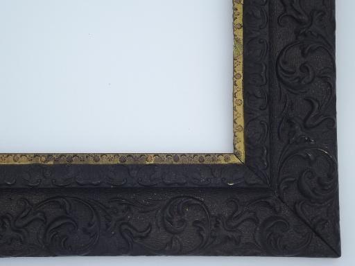 large antique Victorian picture frame, ornate black w/gilt border