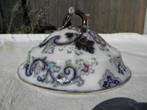 large antique flow blue china dome cover for serving bowl or cheese plate