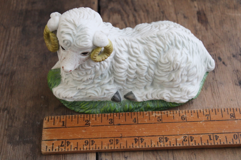 large bisque ceramic sheep figurine for Christmas or Easter decorations, ram w/ curled horns