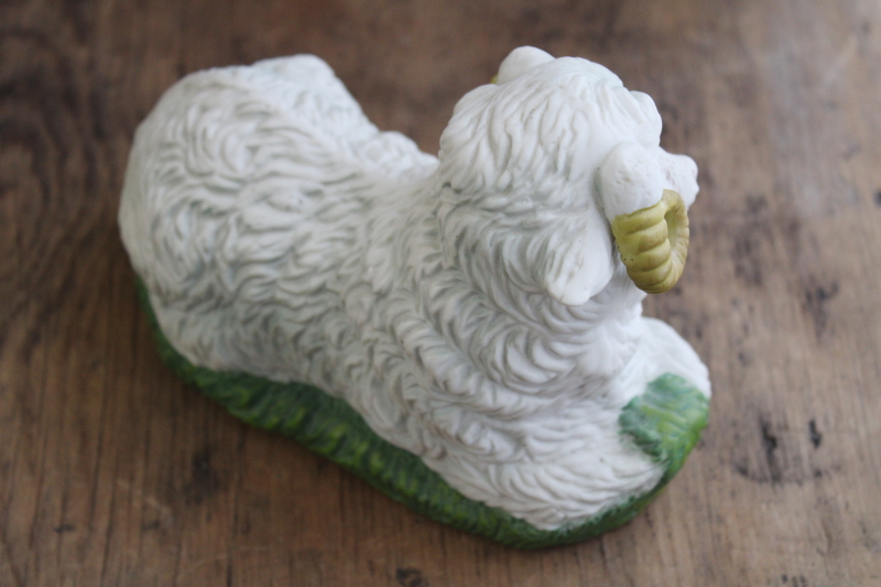 large bisque ceramic sheep figurine for Christmas or Easter decorations, ram w/ curled horns