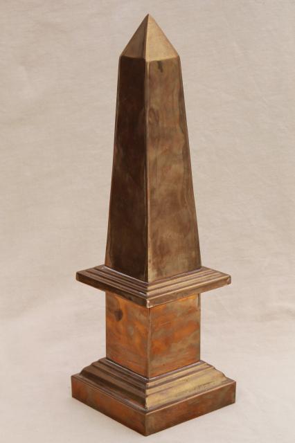 large brass obelisk on pillar, 80s vintage home decor desk sculpture or garden ornament