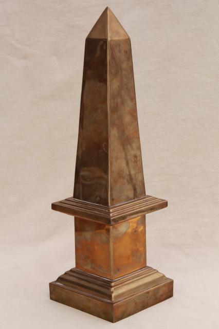 large brass obelisk on pillar, 80s vintage home decor desk sculpture or garden ornament