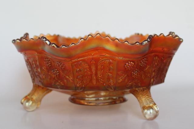 large butterfly and berry pattern Fenton carnival glass bowl, marigold luster