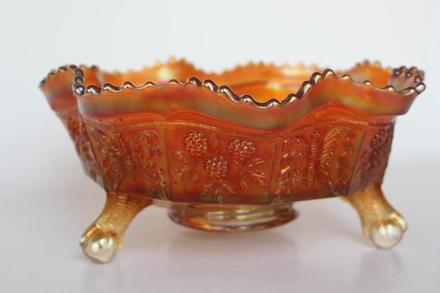 large butterfly and berry pattern Fenton carnival glass bowl, marigold luster