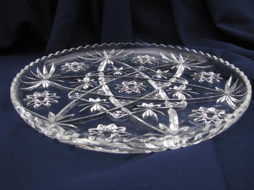 large cake or torte serving plate, vintage Anchor Hocking prescut star pattern glass