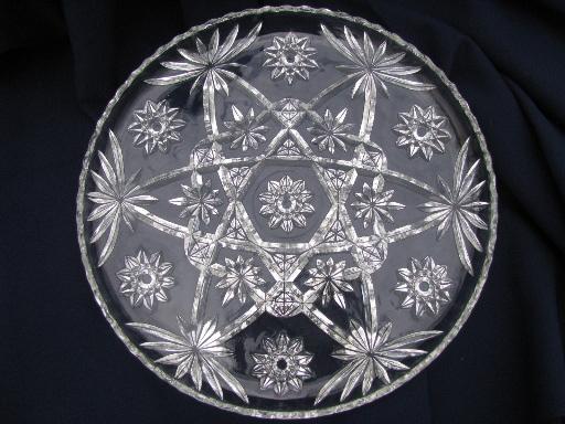 large cake or torte serving plate, vintage Anchor Hocking prescut star pattern glass