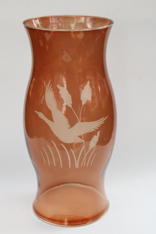large candle hurricane shade, duck or wild goose flying etched glass clear amber brown