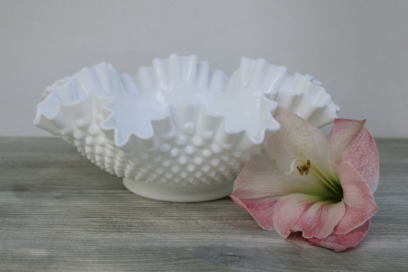 large centerpiece flower bowl w/ crimped edge, vintage Fenton hobnail milk glass