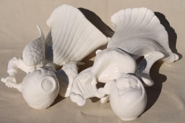 large ceramic angels in ivory white glaze, pair vintage handmade Christmas angel statues