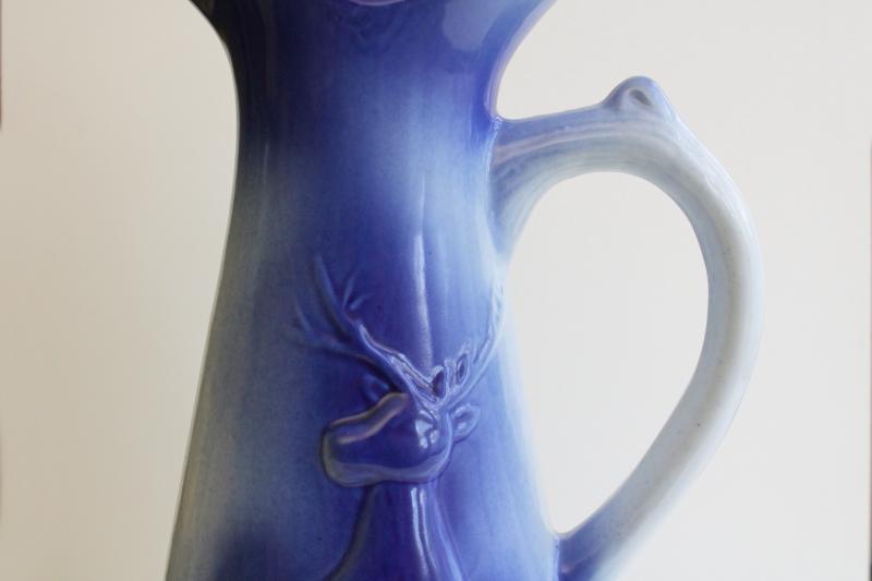 large ceramic pitcher w/ stag deer, cobalt blue shaded color like flow blue