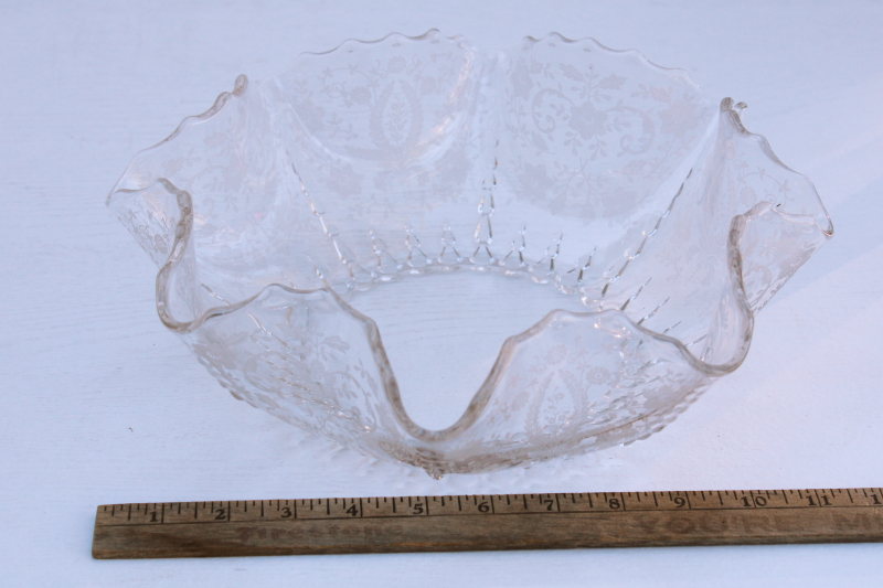 large crimped bowl vintage elegant glass Prelude etched pattern Radiance New Martinsville Viking glass