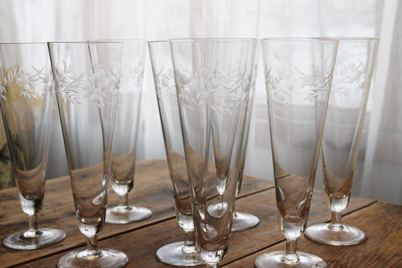 large flute shape glasses, vintage wheel cut stemware, crystal clear pilsner glass set
