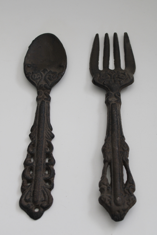 large fork and spoon decorative cast iron wall art, vintage style french country kitchen decor