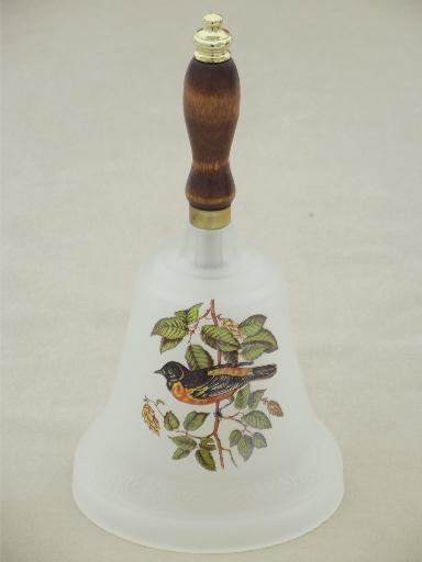 large frosted glass bell, wood handle schoolhouse bell w/ oriole bird