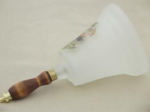 large frosted glass bell, wood handle schoolhouse bell w/ oriole bird