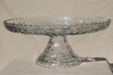 large glass cake stand, vintage Anchor Hocking pres cut star pattern glass pedestal plate