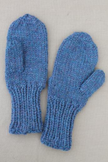large hand-knitted mittens, primitive blue knit mittens to wear or display
