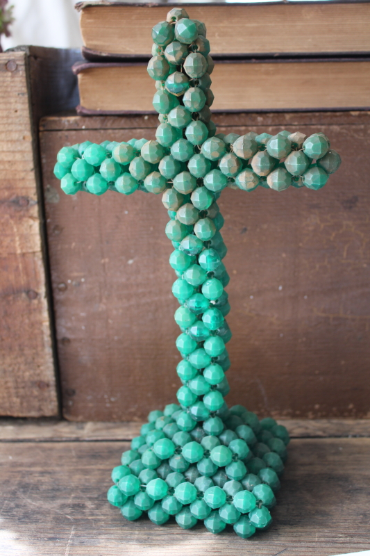 large handmade tramp art cross, weathered jade green beaded wire, vintage southwest style